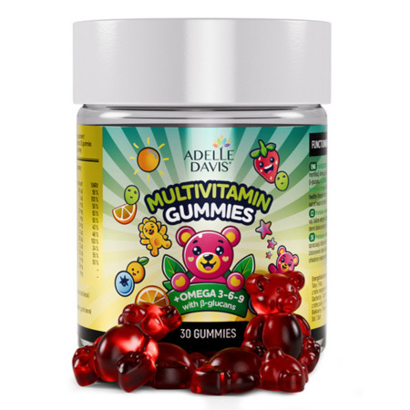 ADELLE DAVIS Multivitamin želatínové medvedíky + omega 3 a betaglukan banán-čučoriedka 30 ks v zľave